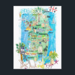 Postal Mapa ilustrado de viajes a Cerdeña<br><div class="desc">Mapa ilustrado de viajes a Cerdeña Mediterráneo Adriático Sicilia Sardegna con carreteras y puntos turísticos destacados</div>