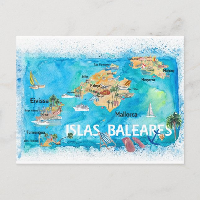Postal Mapa ilustrado de viajes de las Islas Baleares (Anverso)