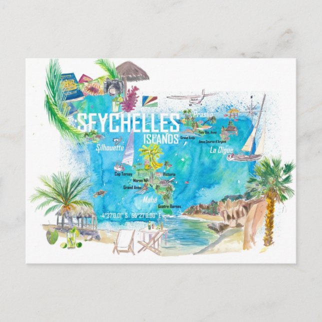 Postal Mapa ilustrado de viajes de las Islas Seychelles (Anverso)