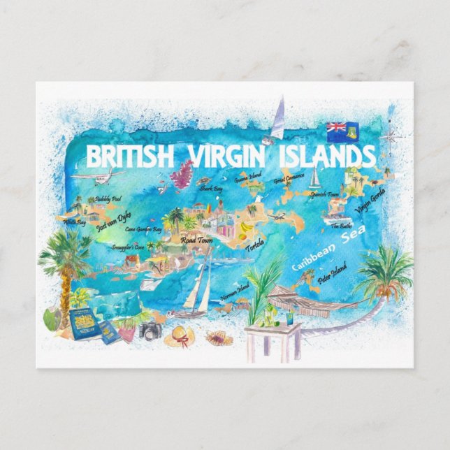 Postal Mapa ilustrado de viajes de las Islas Vírgenes Bri (Anverso)