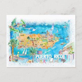 Postal Mapa ilustrado de viajes de Puerto Rico