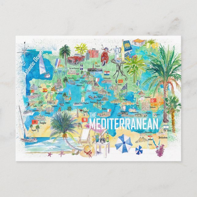 Postal Mapa ilustrado de viajes por el mar Mediterráneo (Anverso)