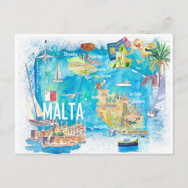 Postal Mapa ilustrado de viajes por islas de Malta con ca (Anverso)