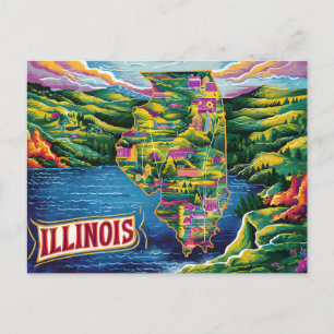 Postal Mapa ilustrado de Vibrant Illinois