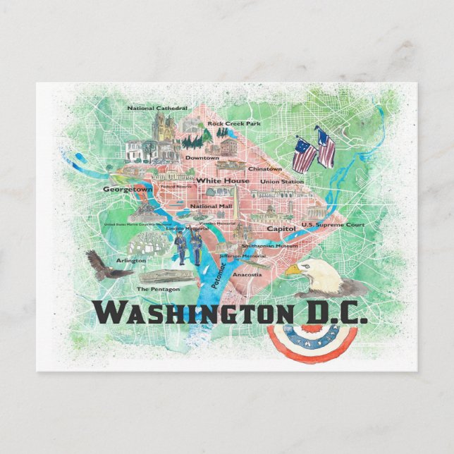 Postal Mapa ilustrado de Washington DC EE. UU. con carret (Anverso)