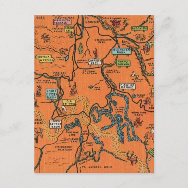 Postal Mapa ilustrado del Parque Yellowstone Naranja (Anverso)