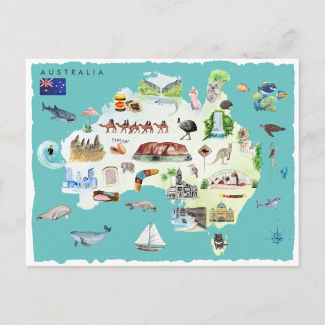 Postal Mapa ilustrado en acuarela de Australia (Anverso)