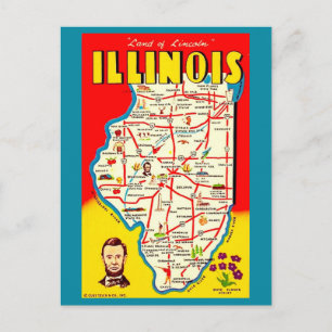 Postal Mapa ilustrado vintage colorido de Illinois