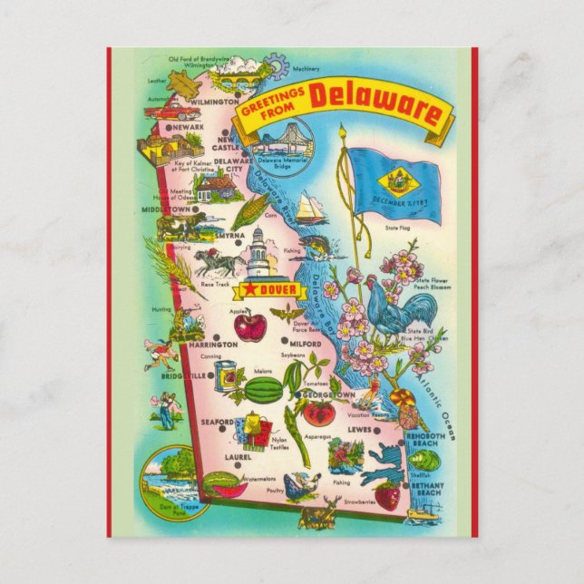Postal Mapa ilustrado vintage de Delaware (Anverso)