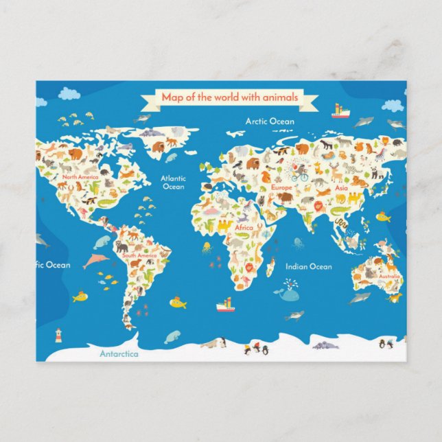 Postal Mapa infantil del mundo con animales (Anverso)