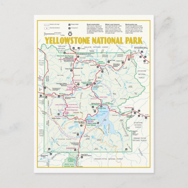 Postal Mapa moderno del Parque Nacional Yellowstone (Anverso)