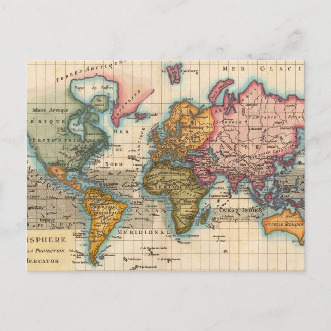 Postal Mapa Mundial 1780 Planisferio Antiguo de Bonne  (Anverso)