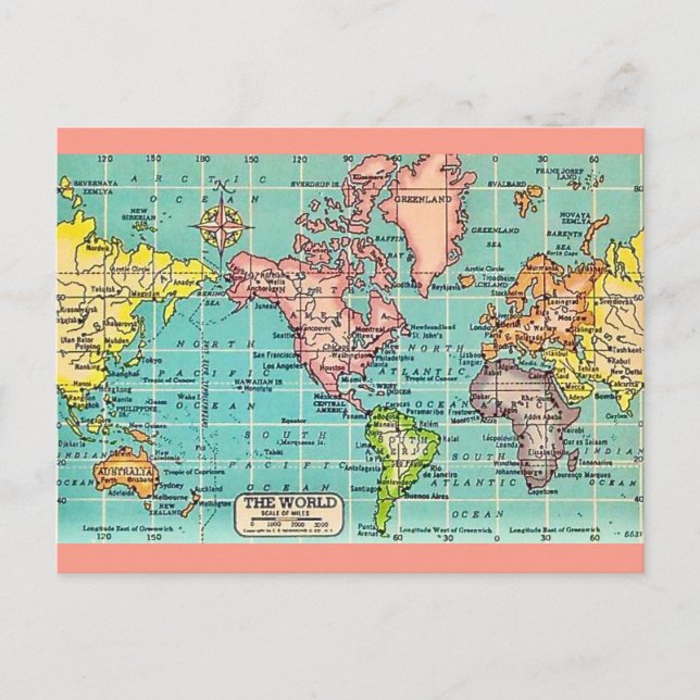 Postal Mapa Mundial Antiguo Colorido (Anverso)