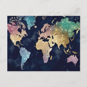 Postal Mapa Mundial Brillante con Purpurina – Arte de Via