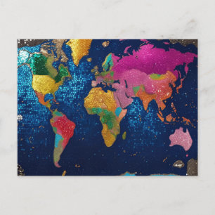 Postal Mapa Mundial Brillante con Purpurina – Arte de Via