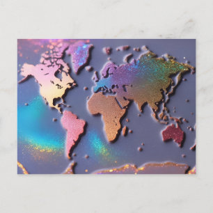 Postal Mapa Mundial Colorido 3D Brillante con Purpurina