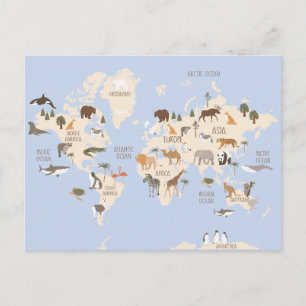 Postal Mapa mundial con animales