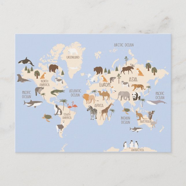 Postal Mapa mundial con animales (Anverso)