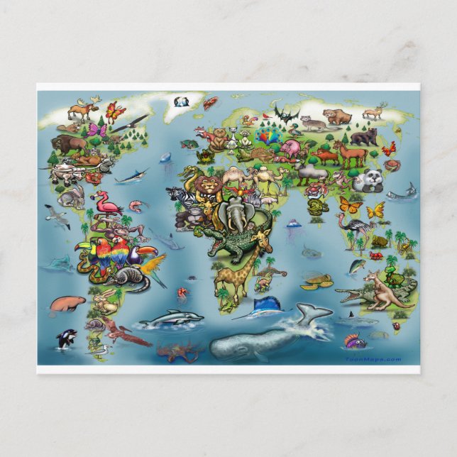 Postal Mapa mundial de animales (Anverso)