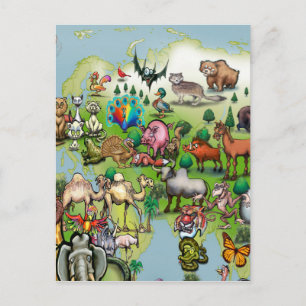Postal Mapa mundial de animales de Europa Asia