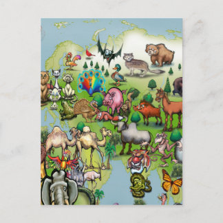 Postal Mapa mundial de animales de Europa Asia