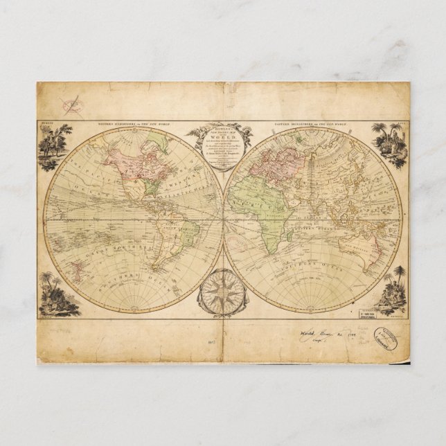 Postal Mapa mundial de Carington Bowles (1791) (Anverso)