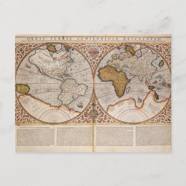 Postal Mapa Mundial del Hemisferio Doble, 1587 (Anverso)