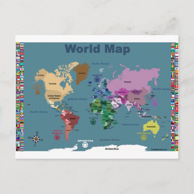 Postal Mapa Mundial para Niños con Banderas (Anverso)