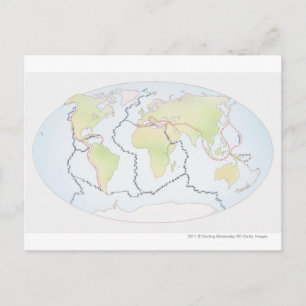 Postal Mapa mundial que muestra los márgenes de la placa
