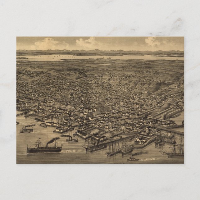 Postal Mapa pictórico vintage de Seattle (1884) (Anverso)