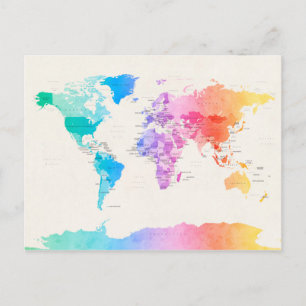 Postal Mapa político de las acuarelas del mundo