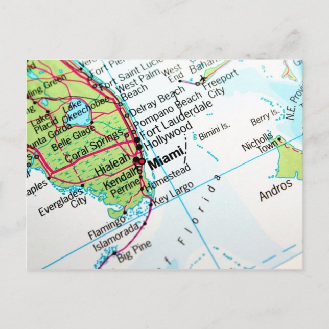 Postal Mapa que muestra la ciudad estadounidense de Miami (Anverso)