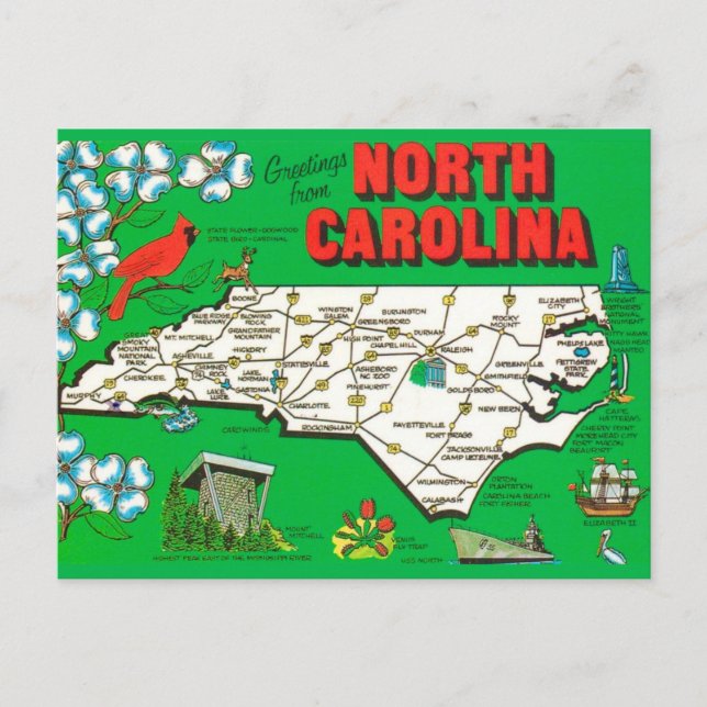Postal Mapa retro de Carolina del Norte (Anverso)