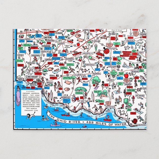 Postal Mapa retro de Cincinnati Dayton Hamilton Circlevil (Anverso)