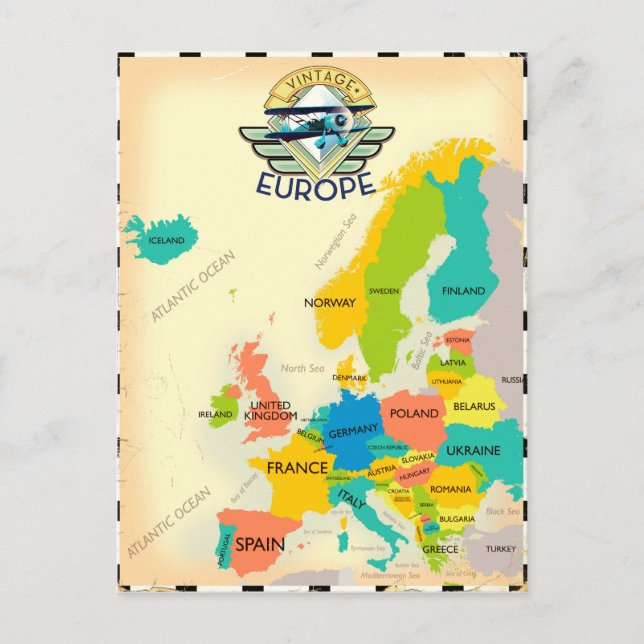 Postal Mapa Retro De Europa. (Anverso)