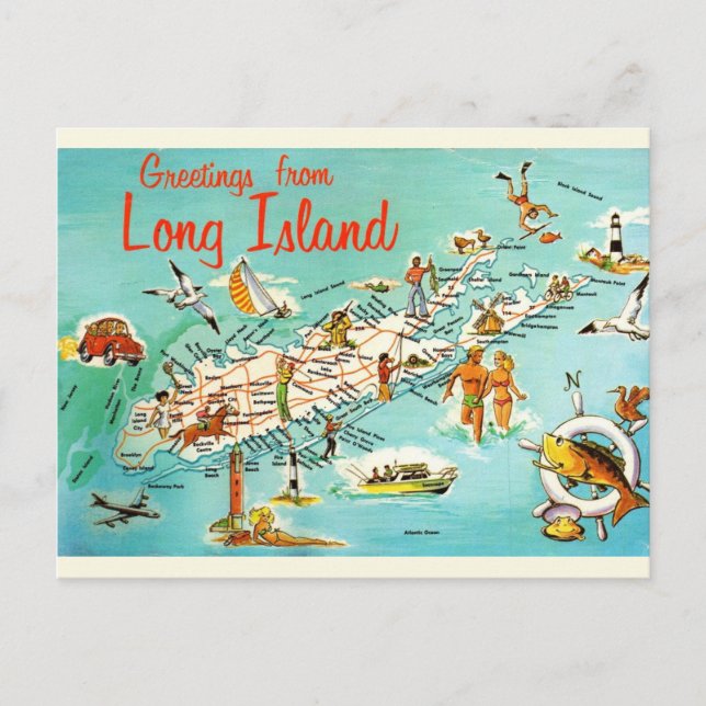 Postal Mapa Retro de Long Island (Anverso)