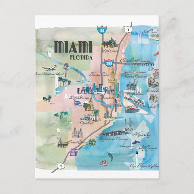 Postal Mapa retro de Miami Florida (Anverso)