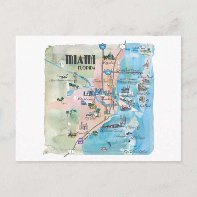 Postal Mapa retro de Miami Florida (Anverso)