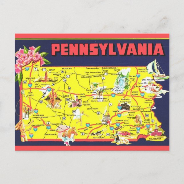 Postal Mapa retro de Pennsylvania (Anverso)