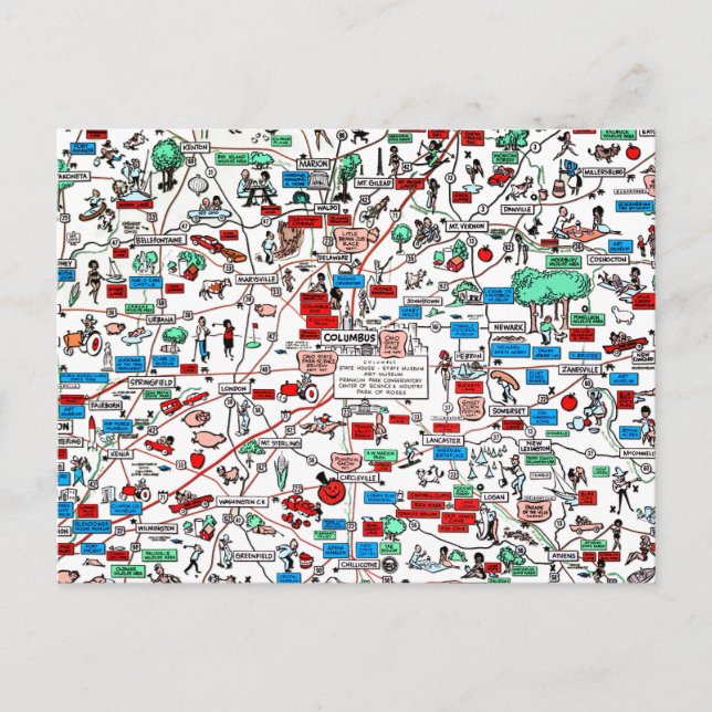 Postal Mapa retro del dibujo animado 60s de Columbus (Anverso)