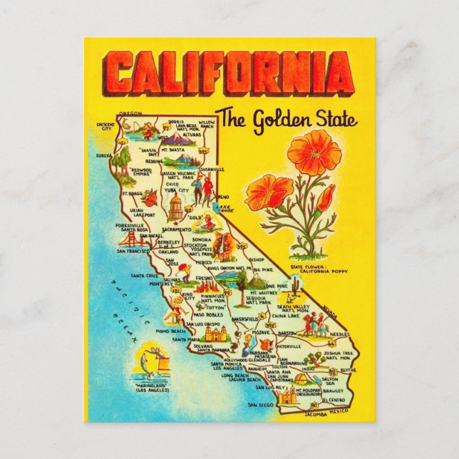 Postal Mapa Retro del Estado de California  (Anverso)