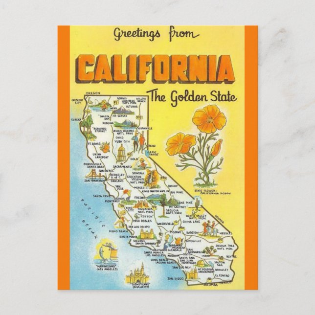 Postal Mapa retro del estado de California  (Anverso)