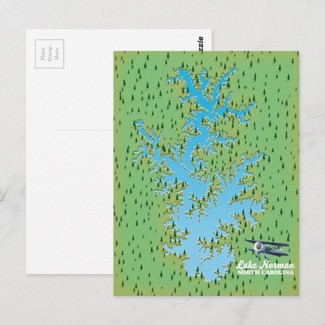 Postal Mapa retro del lago Norman Carolina del Sur (Anverso / Reverso)