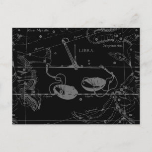 Postal Mapa sobre negro de la Constelación Libra Hevelius