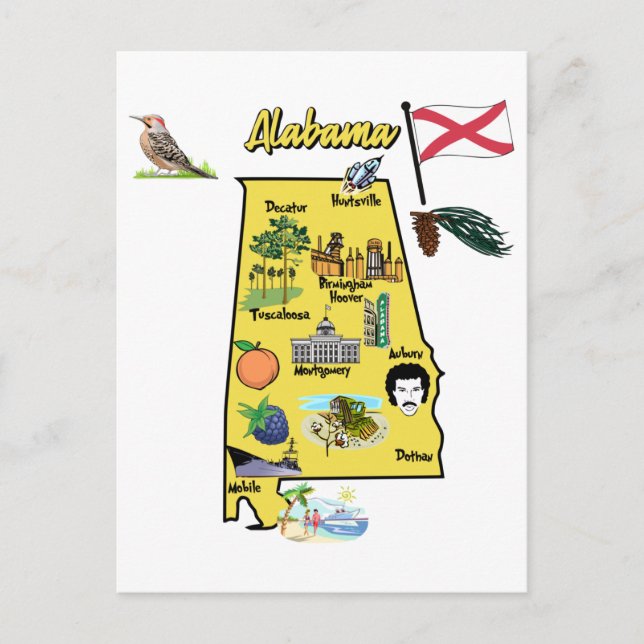 Postal Mapa turístico de Alabama con puntos de referencia (Anverso)