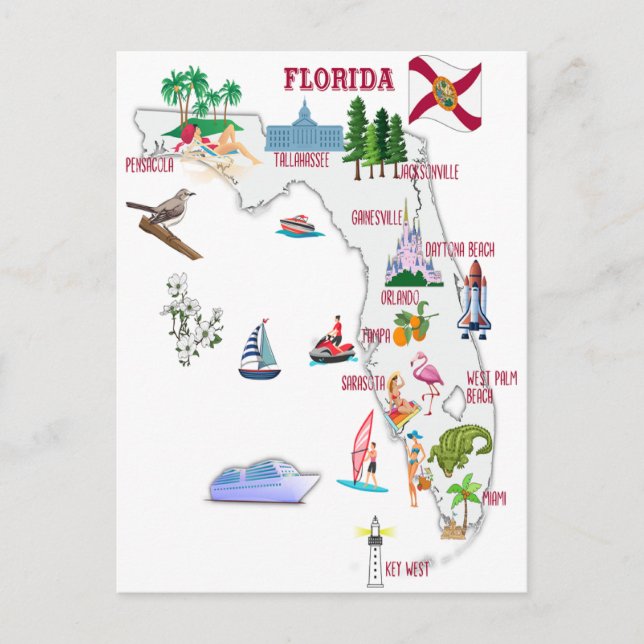 Postal Mapa turístico de Florida con puntos de referencia (Anverso)