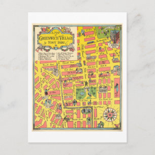 Postal Mapa turístico vintage de Greenwich Village, Nueva