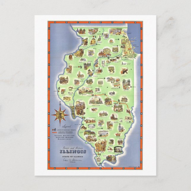 Postal Mapa turístico vintage de Illinois (Anverso)