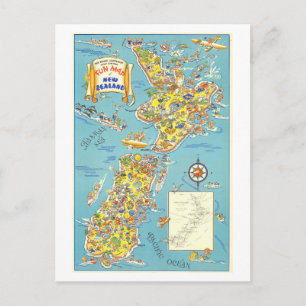 Postal Mapa turístico vintage de Nueva Zelanda