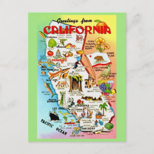 Postal Mapa Vintage Colorido de California 